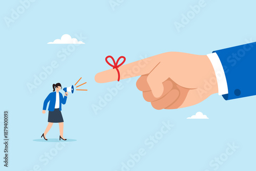 Flat illustration of businesswoman shouting through megaphone toward boss finger with red string representing important alert attention management and task reminder