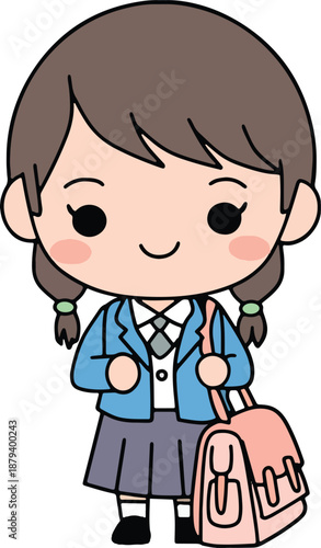 Cute schoolgirl in uniform with pink backpack smiling