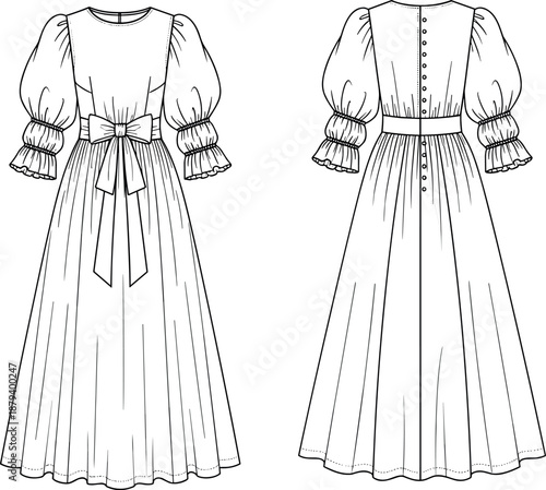 Women's Romantic Long Maxi Dress Fashion Flat Sketch Technical Drawing Bow Belt Puff Short Sleeves Pleated Skirt Garment Design Vector Illustration Template