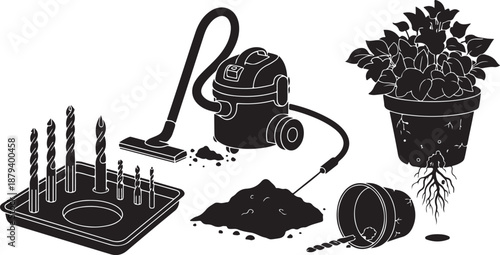 Black and white illustration of gardening and cleaning tools