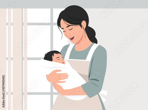 smiling mother wearing an apron, cradling her sleeping swaddled newborn baby. It's a heartwarming concept of motherhood, childcare, and family love in a bright interior.