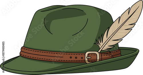 Classic green alpine hat illustration with feather and leather band, inspired by traditional folk costume and Oktoberfest fashion