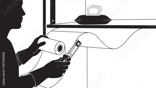 Person using a cordless vacuum cleaner on a shelf