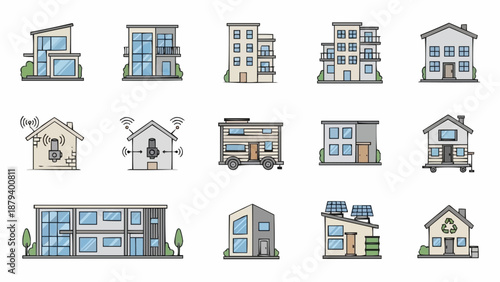 Collection of modern and traditional house illustrations.
