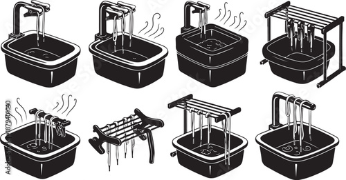 Various Black and White Illustrations of Kitchen Sink Faucets