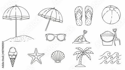 Collection of beach and summer vacation icons and illustrations.