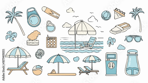 Collection of beach and summer vacation doodles and illustrations.