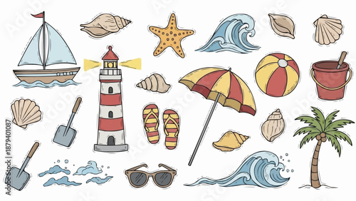Collection of beach and summer vacation icons and illustrations.