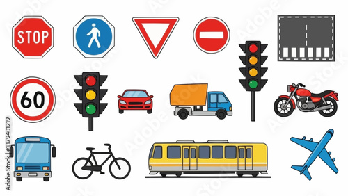 Collection of traffic signs and vehicles for transportation.