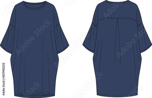 Technical Vector Illustration of a Women’s Oversized Navy Blue T-Shirt Dress Featuring Drop Shoulders Wide Sleeves and a Back Yoke with Box Pleat Detail