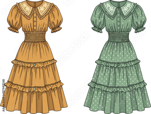 Women's Romantic Midi Dress Vector Flat Sketch with Ruffled Collar, Embroidered Detail, Shirred Elastic Waist, Tiered Skirt, and Puff Sleeves.