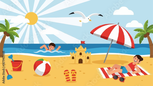 Children enjoying a sunny day at the beach with sandcastles and toys.