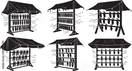 Illustration of various knife display stands with roofs designs