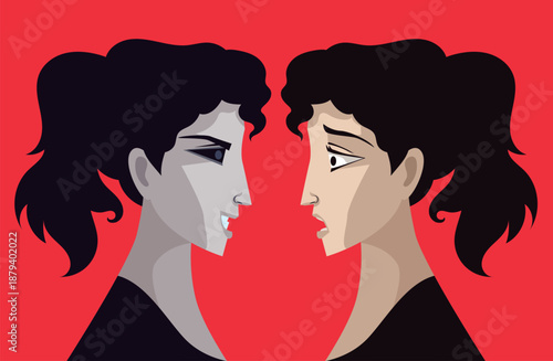 woman facing evil doppelganger