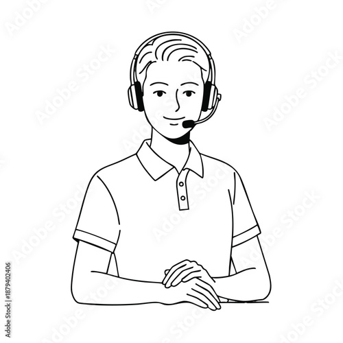 A cheerful cartoon man wearing a headset sitting with hands clasped in a cute, modern illustration with a clean white background.