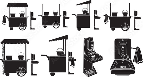Various Food Carts and Stalls in Black Silhouette Style
