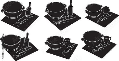 Black and white kitchen utensils and dishes illustration set