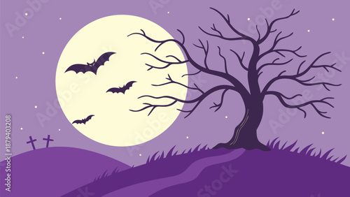 Spooky night scene with bats flying under full moon