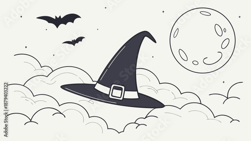 Whimsical witch's hat floating on clouds under moonlight with bats