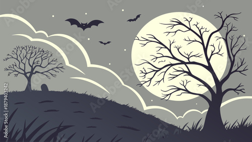 Spooky Halloween night with bats flying under full moon
