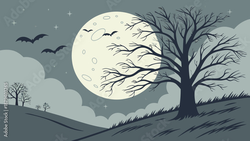 Spooky night landscape with bare tree and bats under full moon