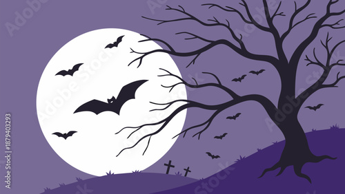 Spooky Halloween night with bats flying around full moon