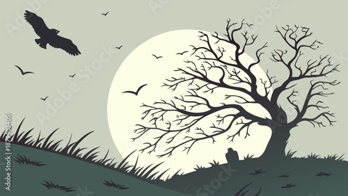 Silhouette of person sitting under bare tree with birds flying