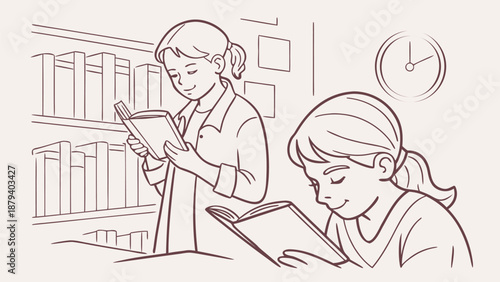 Two young girls engrossed in reading books in a cozy library setting