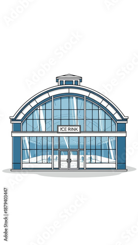 Ice Rink Building with Arched Roof and Skaters