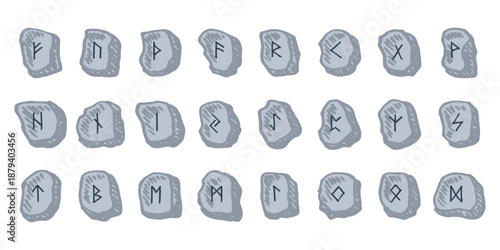 Set of hand drawn viking runes Rune stones with ancient norse alphabet characters engraved on them Scandinavian futhark germanic celtic Single element for design, print, web, decor