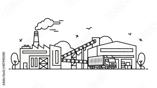 Industrial Factory with Conveyor and Truck