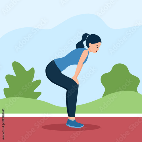 Tired female athlete after exercising character in flat design.