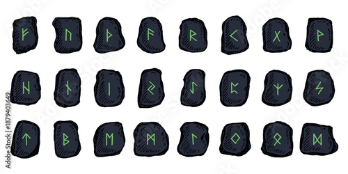 Set of hand drawn viking runes Rune stones with ancient norse alphabet characters engraved on them Scandinavian futhark germanic celtic Single element for design, print, web, decor