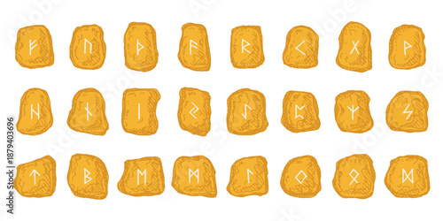 Set of hand drawn viking runes Rune stones with ancient norse alphabet characters engraved on them Scandinavian futhark germanic celtic Single element for design, print, web, decor