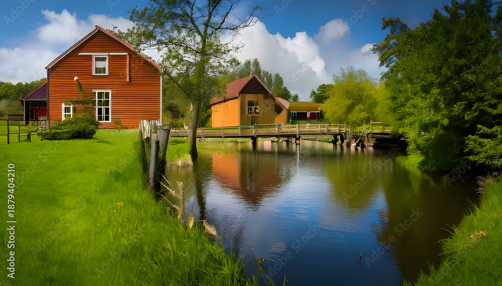 Obraz premium A picturesque rural landscape featuring a calm river reflecting colorful houses and a wooden bridge under a blue sky.