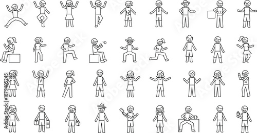 Large collection of flat vector stick figure characters in various active poses, daily life activities, and expressive human motion icons.