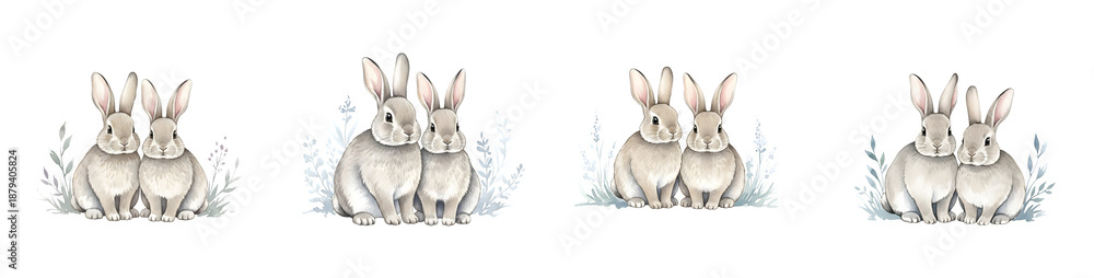 Fototapeta premium Adorable watercolor bunny couple illustrations set on a transparent background