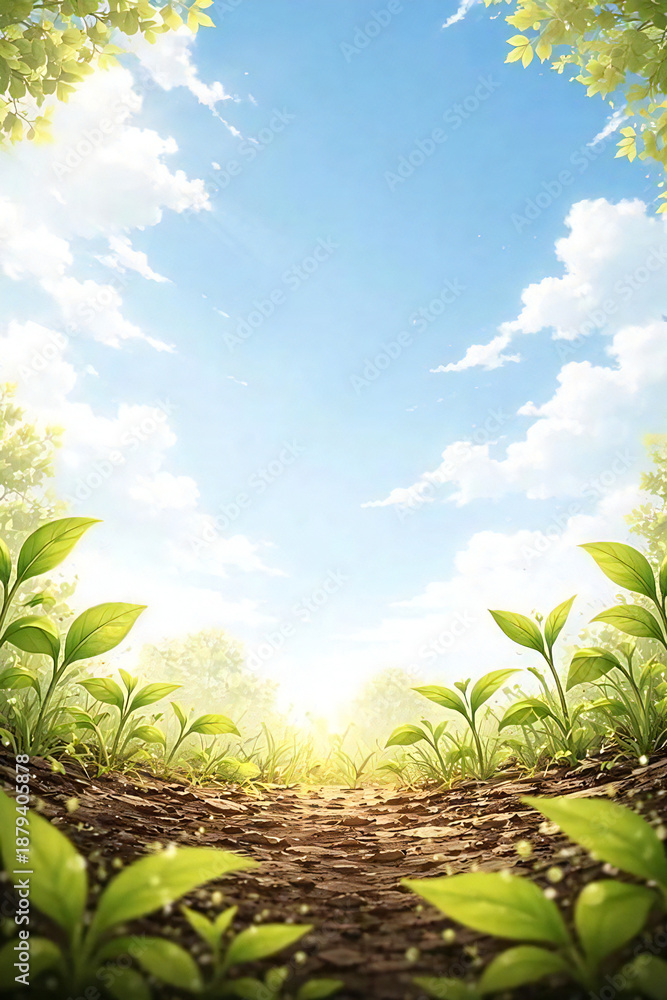 Obraz premium 春の芽吹きを地面目線で見上げる、余白のあるミニマルなイラスト