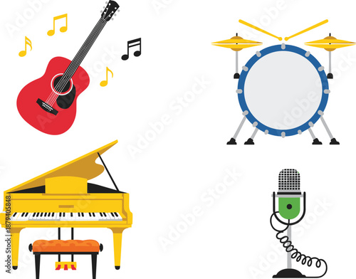 Colorful Vector Illustration Set of Musical Instruments Featuring Acoustic Guitar Grand Piano Drum Kit and Retro Microphone for Live Music Concert and Band Performance Design