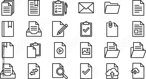 Vector set of outline document icons, file management symbols, folders, paper sheets, reports, checklists, and office data storage signs,