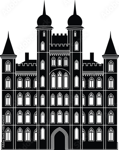 Detailed black silhouette of a grand gothic castle or historic palace with arched windows and pointed towers for architectural design.