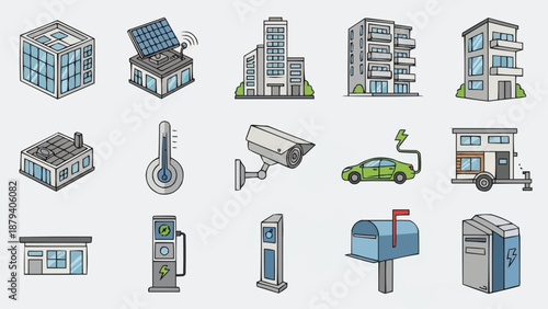 Collection of modern building and technology icons.
