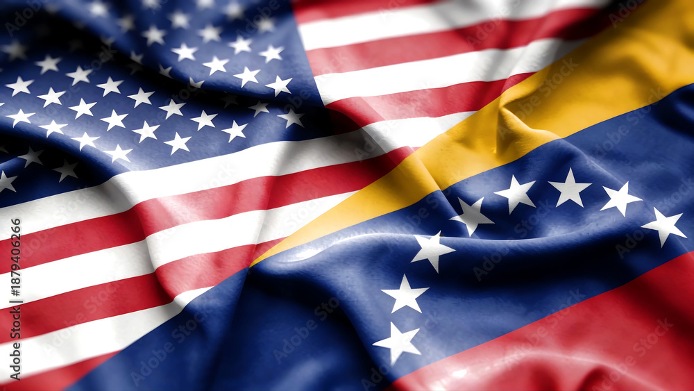 Obraz premium Waving USA and Venezuela Flags Textured Fabric Close-Up