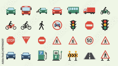 Collection of Transportation Icons and Road Signs.