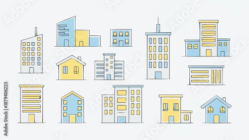 Collection of modern building illustrations in various styles.