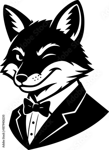 Sophisticated Gentleman Fox Logo Vector Illustration: Dapper Monochrome Mascot Winking in a Tuxedo and Bow Tie, Perfect for Branding, Finance, or Luxury Design