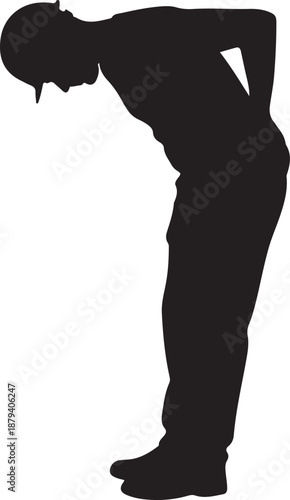 Silhouette of a person bending forward, looking down in a respectful bow, inspecting, searching, or dealing with back pain; a versatile concept of humility, effort, or physical discomfort