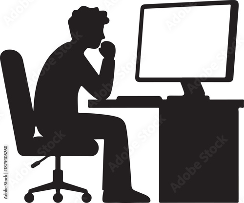 Silhouette of a person contemplating or struggling with a creative block at a computer desk, symbolizing deep thought, problem-solving, or a mental challenge in a work or study environment