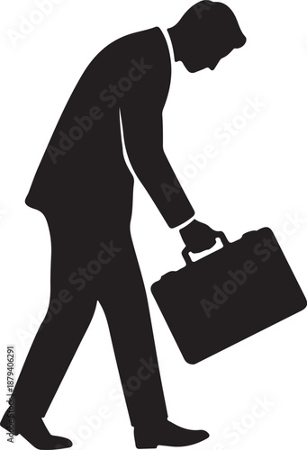 Silhouette of a sad or depressed businessman carrying a briefcase, symbolizing lack of motivation, burnout, or job fatigue. A concept of an unmotivated executive or tired employee
