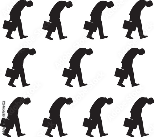 Silhouette of a tired, sad, and stressed businessman walking with a briefcase, representing job dissatisfaction, burnout, and mental health challenges in the workplace concept